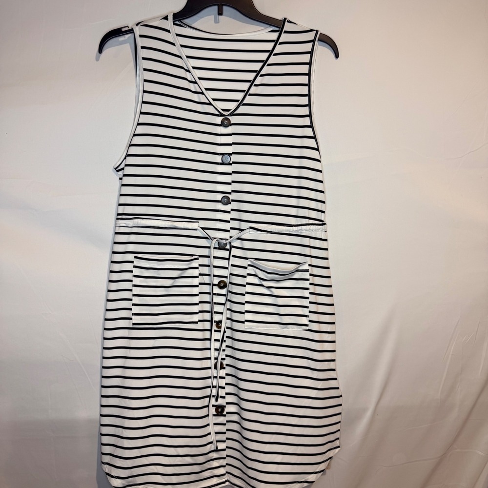 Emery Rose XL Black White Striped Sleeveless Button Front Drawstring Dress